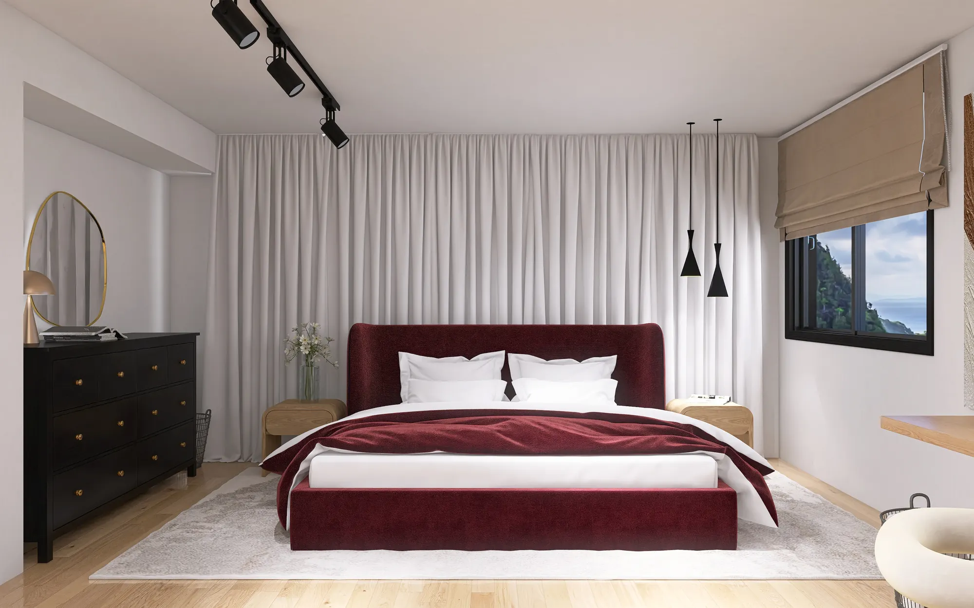 Schlafzimmer im Projekt Romina & CW mit bordeauxrotem Samtbett, raumhohen Vorhängen, schwarzen Pendelleuchten und Meerblick durch das Seitenfenster