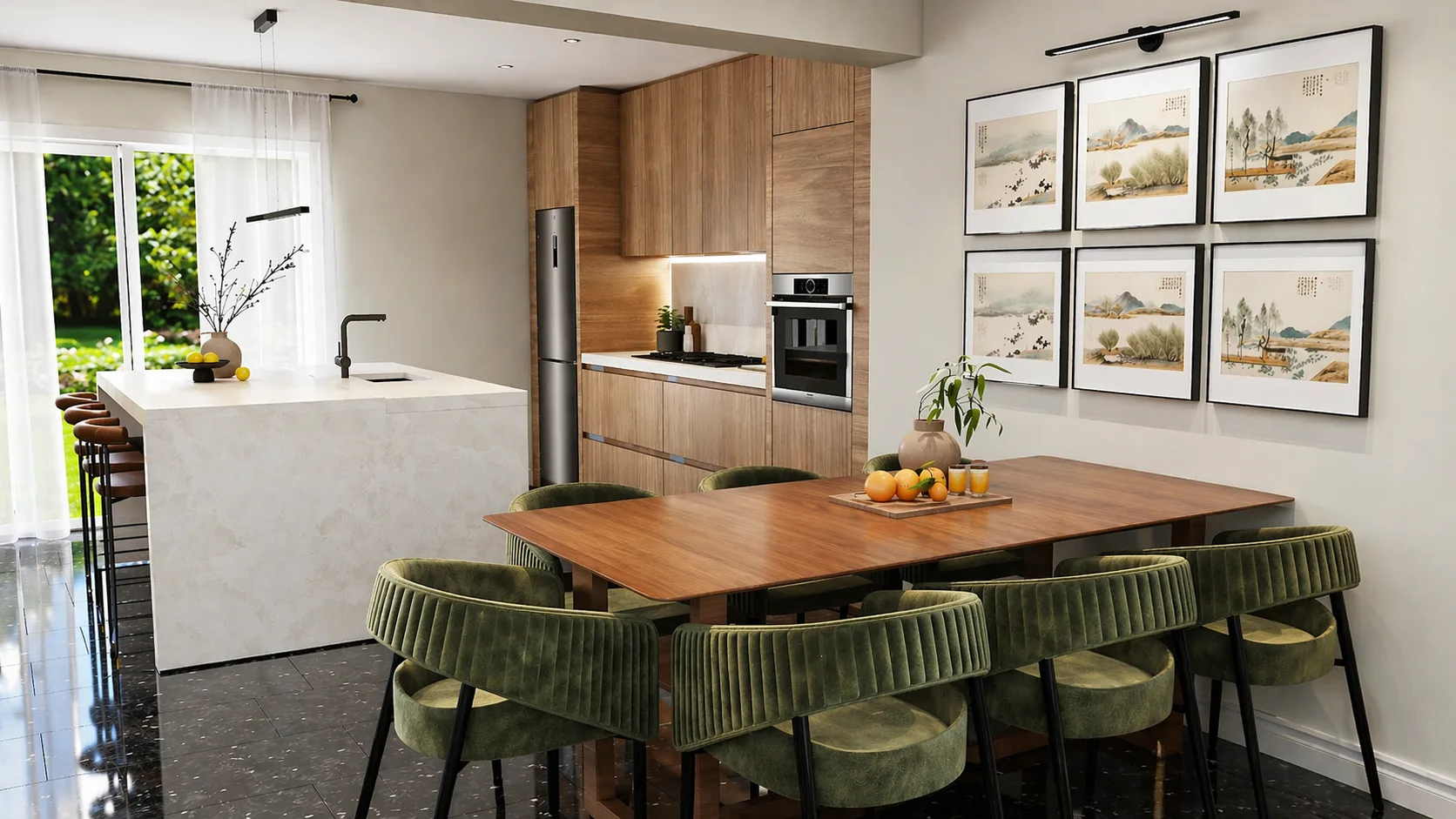 Kitchen and dining space with walnut cabinetry and olive velvet chairs, design concept