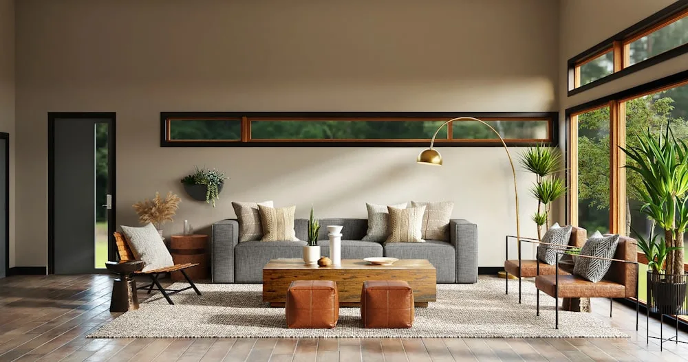 Sala de estar quente em tons terrosos, com madeira clara e têxteis naturais, imagem de conceito de e-design