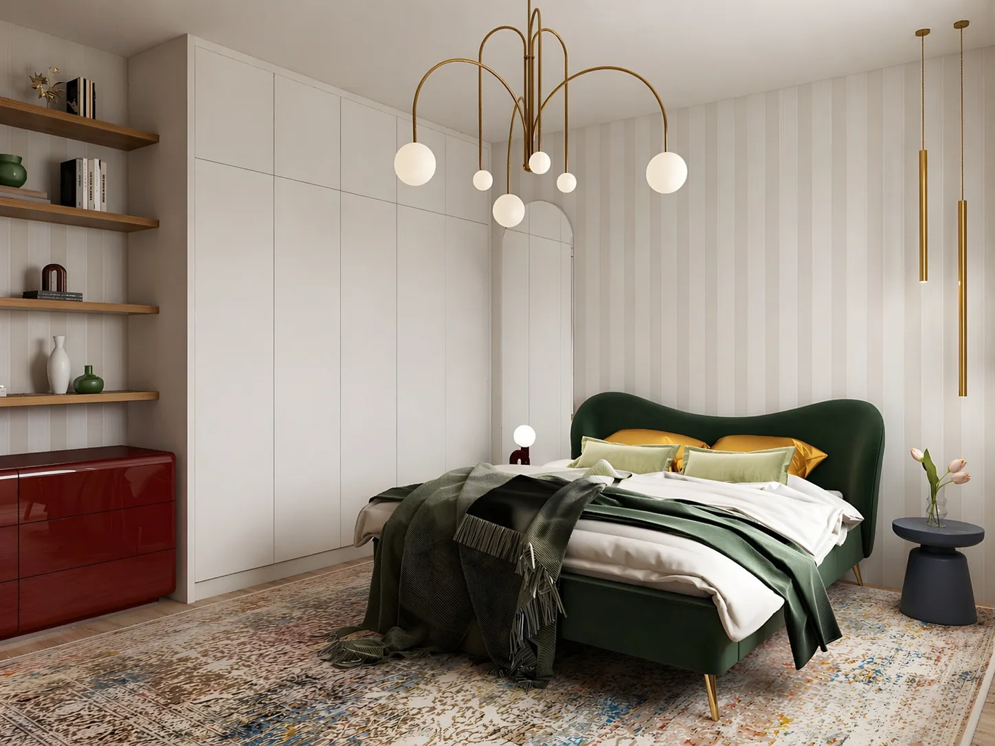 Room of Wonders, bedroom with emerald velvet bed and brass lighting, a full-service Daradiant project in Lisbon