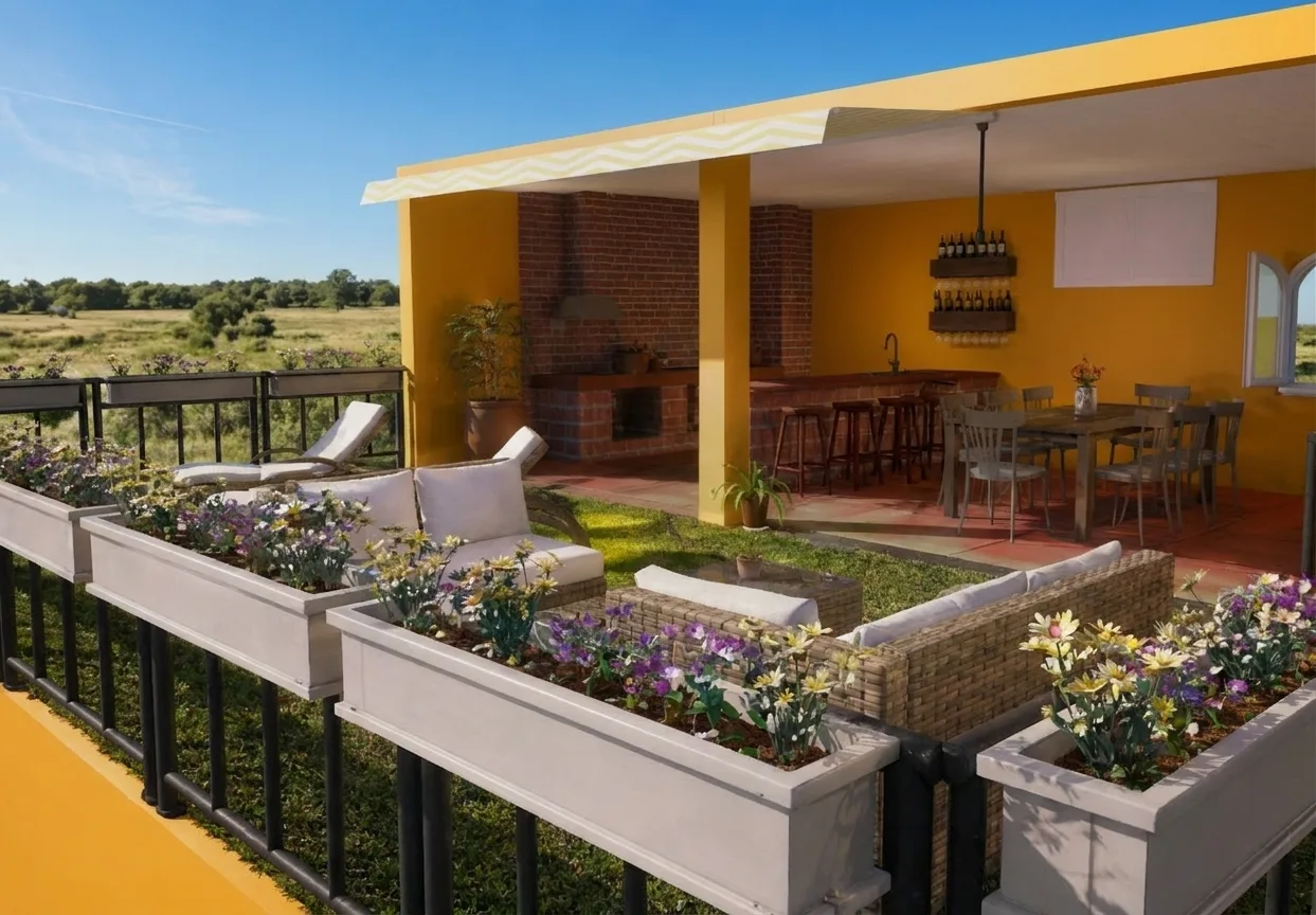 Sunlit covered terrace with a brick grill counter, bar and rattan lounge seating