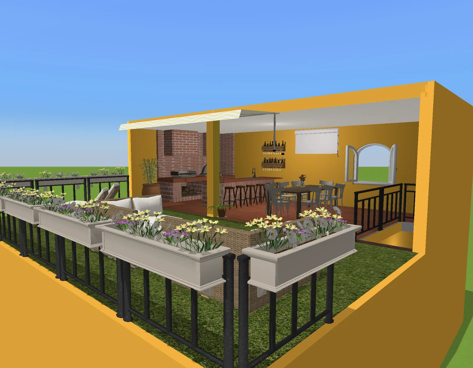 Blick über blühende Pflanzkästen in den überdachten Terrassenteil mit gemauerter Grillwand, Bartheke mit Hockern, Holzesstisch mit Stühlen und Terrakottafliesen unter ockergelben Wänden