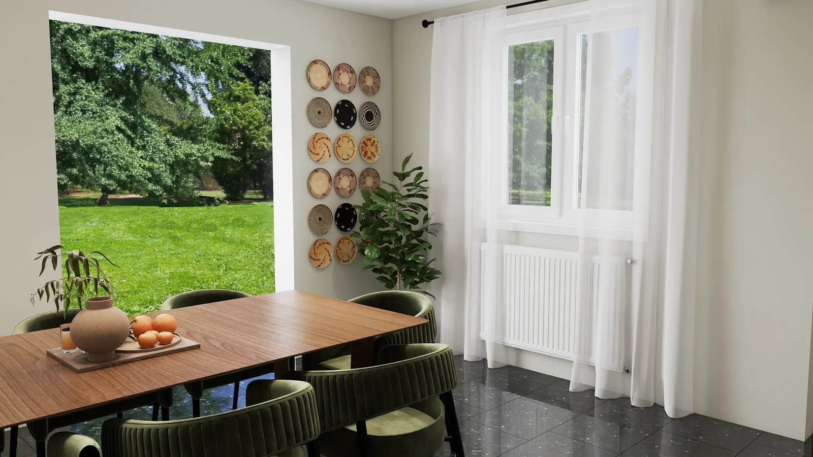 Essecke mit Nussbaumtisch und grünen Samtstühlen, Wandarrangement aus geflochtenen Körben, Feigenbaum im Topf, transparenten weißen Vorhängen und Blick in den Garten