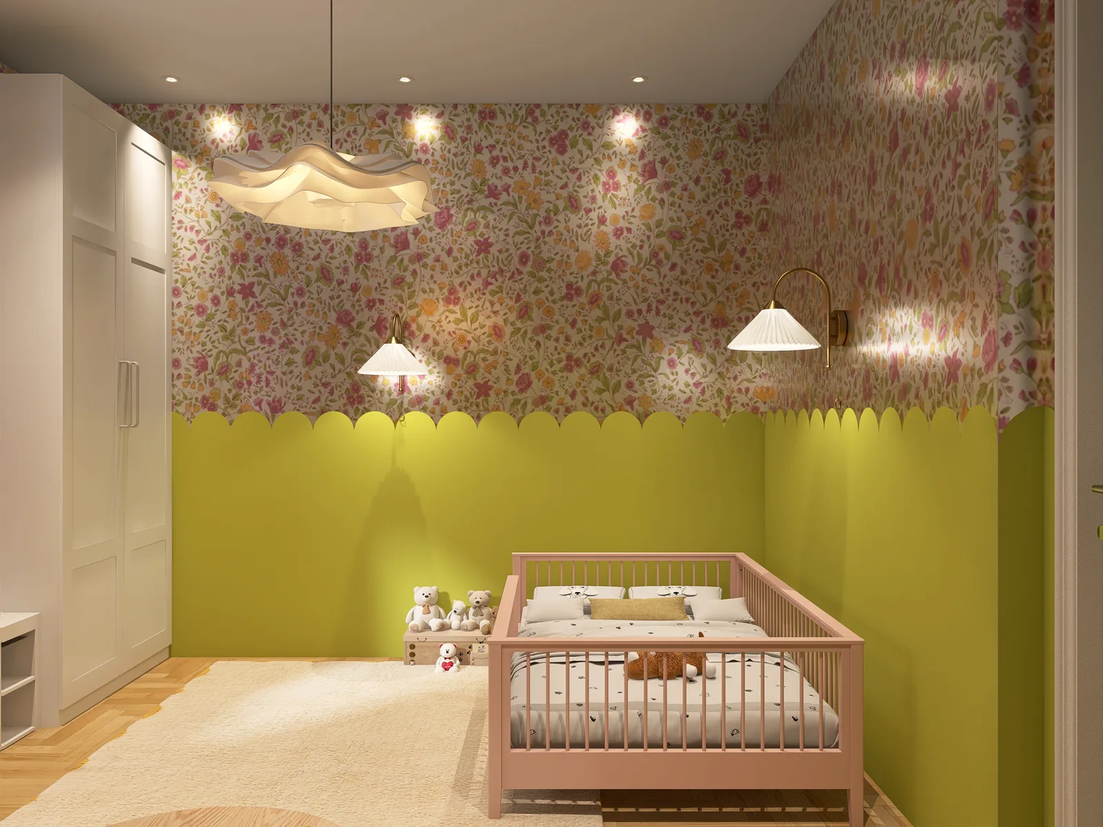 Mädchenzimmer mit rosa Kinderbett mit Rausfallschutz, olivgrüner Vertäfelung mit Bogenkante unter rosa-gelber Blumentapete, weißem Kleiderschrank, Rüschen-Pendelleuchte und Messing-Wandleuchten über cremefarbenem Teppich auf Fischgrätparkett