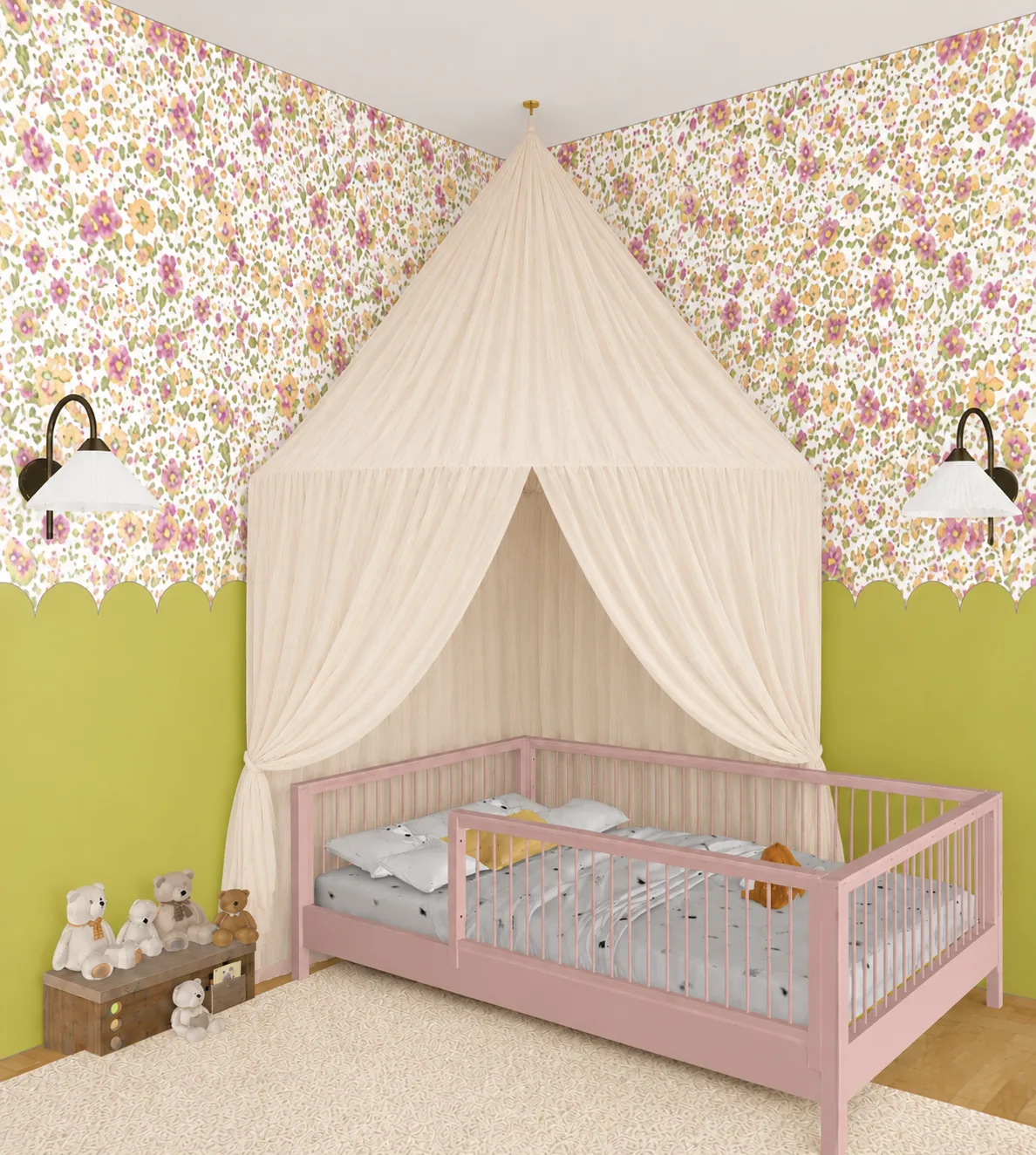 Rosa Kinderbett unter deckenhohem transparentem Betthimmel in Beige, flankiert von zwei Wandleuchten mit Plisseeschirmen, daneben Teddybären auf einer Spielzeugtruhe aus Holz
