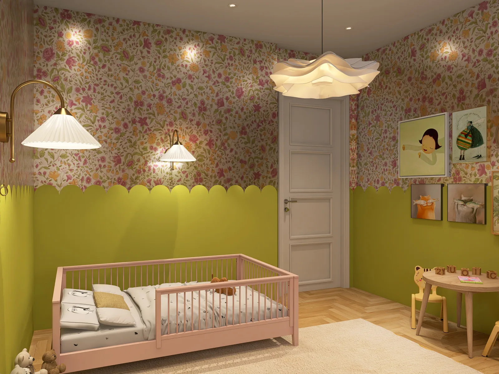 Blick zur grauen Kassettentür mit dem rosa Kinderbett links, gerahmten Kunstdrucken rechts, Messing-Schwanenhals-Wandleuchten mit Plisseeschirmen und Rüschen-Pendelleuchte