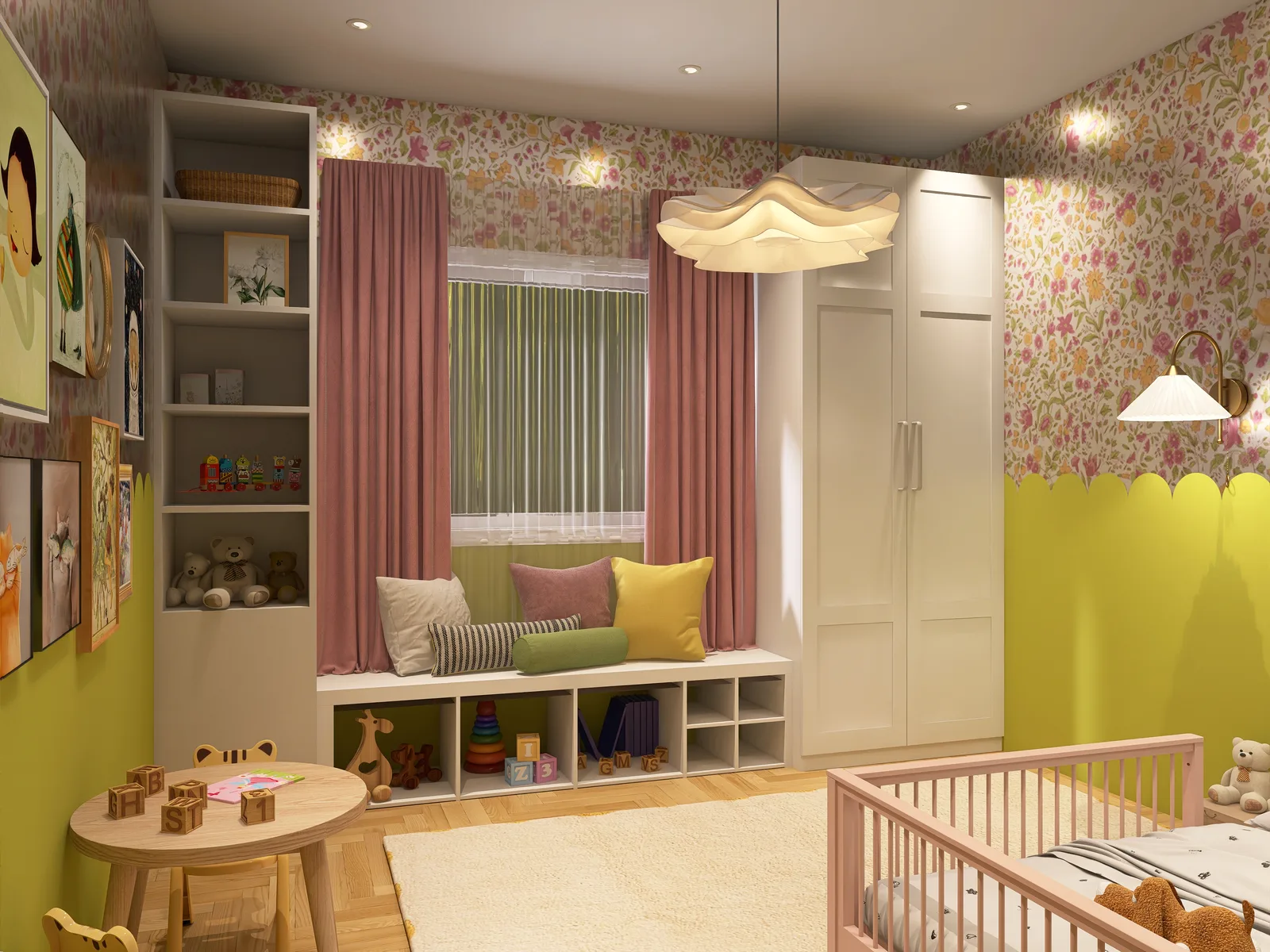 Nachher: Fensterwand mit eingebauter Sitzbank, rosa, senfgelben und grünen Kissen und Spielzeugfächern darunter, Blumentapete über grüner Vertäfelung, altrosa Vorhängen und Wellen-Pendelleuchte