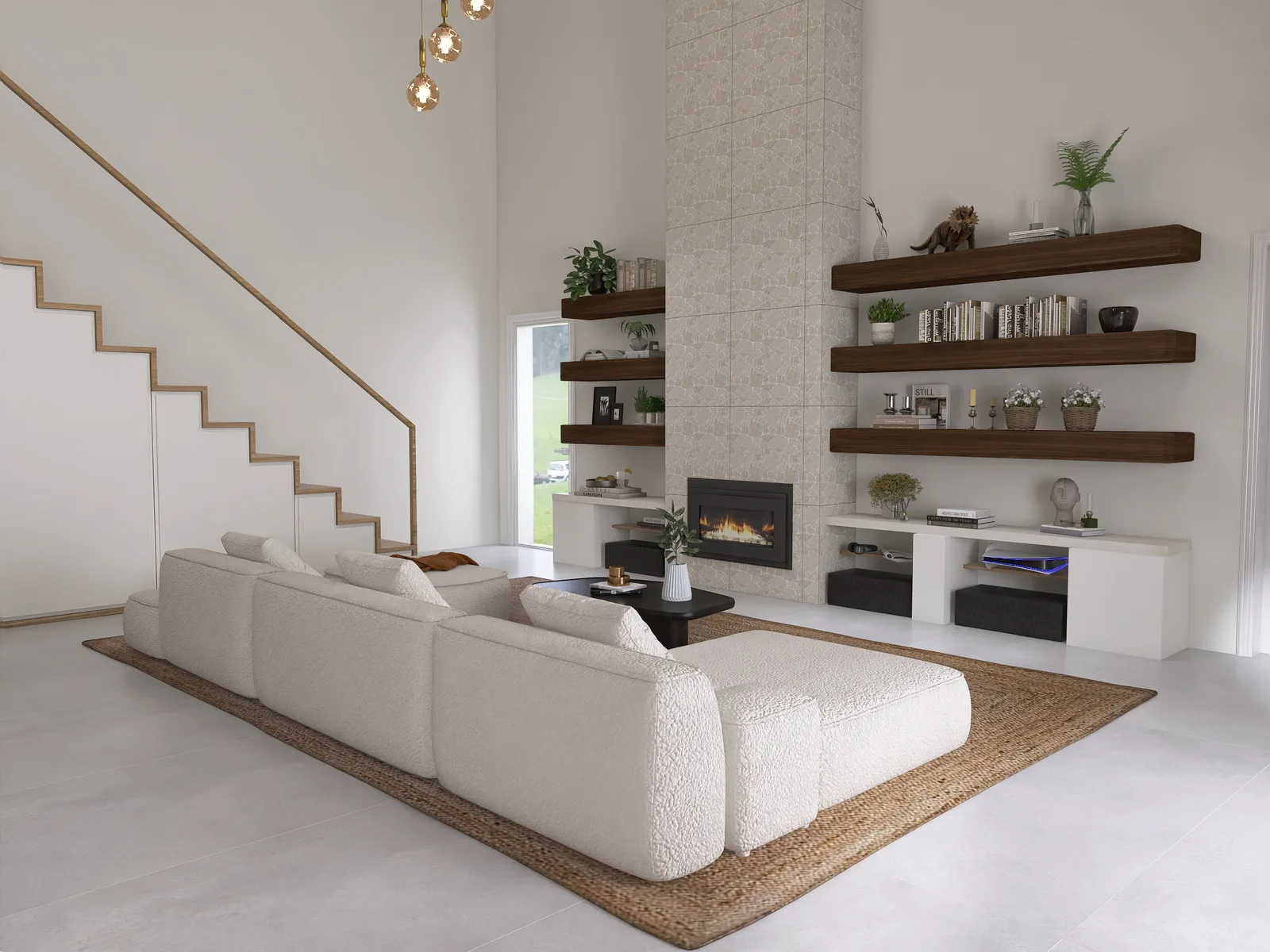 Living room with a fireplace re-faced in beige tiles, walnut floating shelves and a bouclé modular sofa