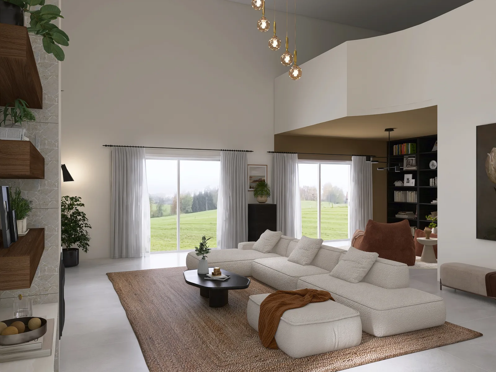 Double-height living room with a bouclé modular sofa, jute rug, walnut floating shelves and amber glass pendants