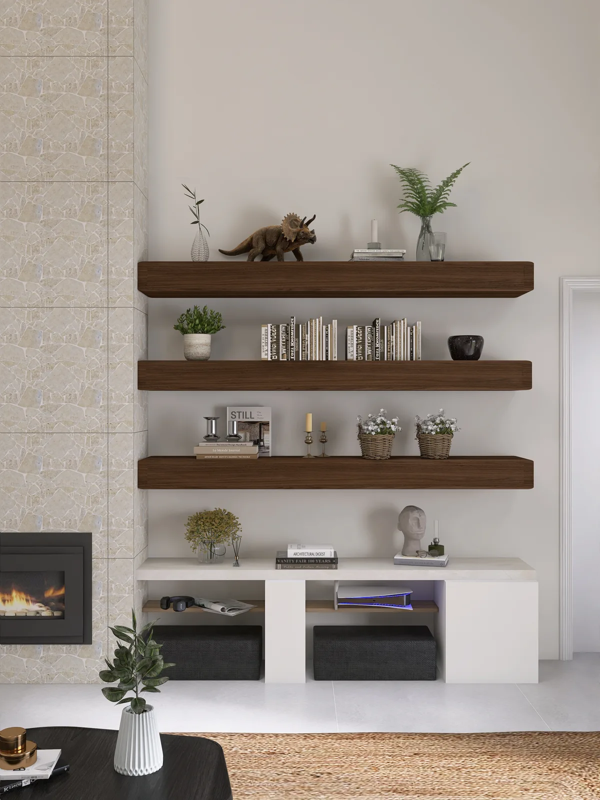 Detail dreier Nussbaumregale mit Büchern, Pflanzen, Messing-Kerzenständern und Korbkörbchen neben dem brennenden Kamin im schwarzen Stahlrahmen