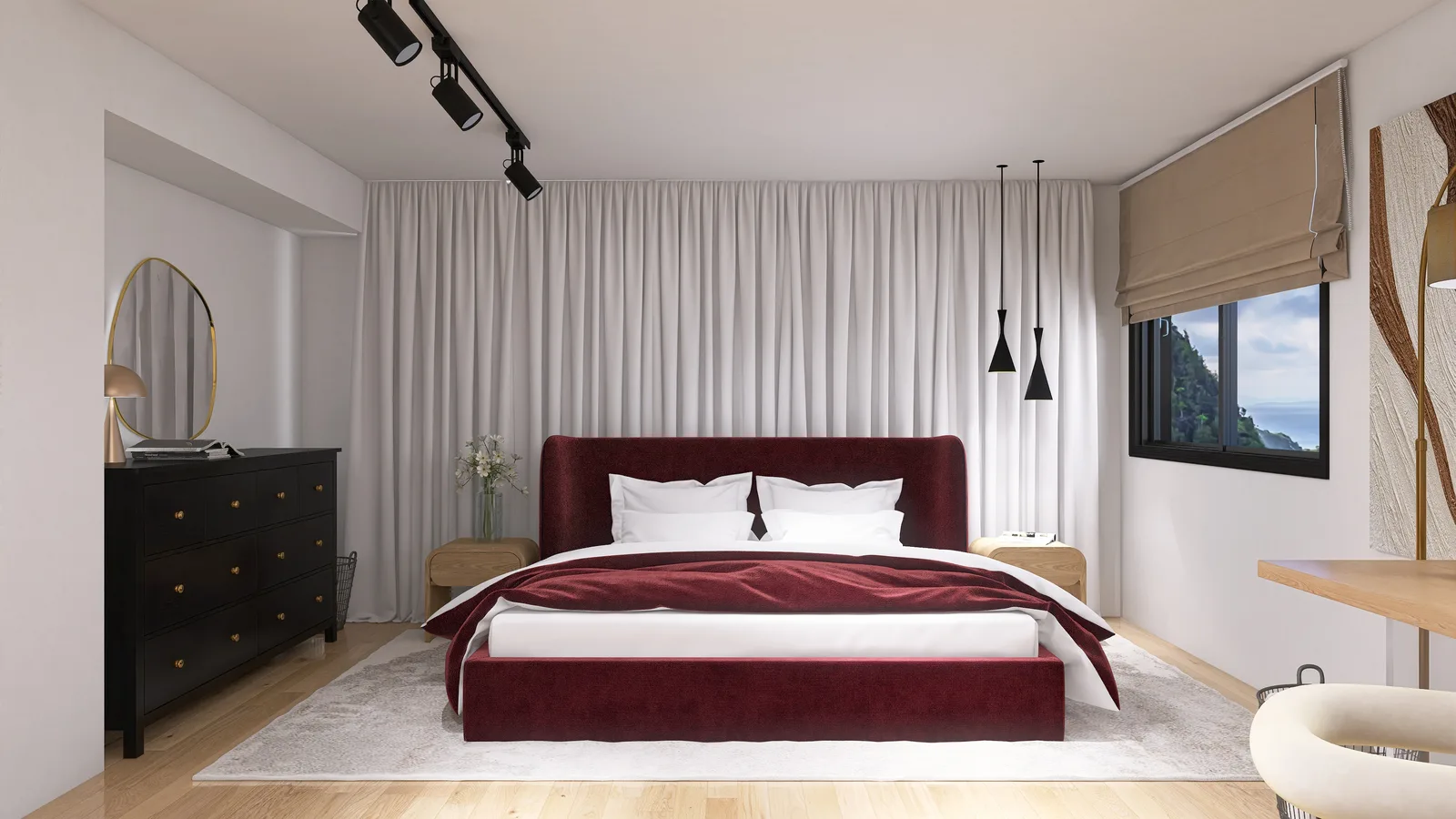 Bedroom with a burgundy velvet bed, a wall of white handleless wardrobes and sheer curtains, Romina & CW project