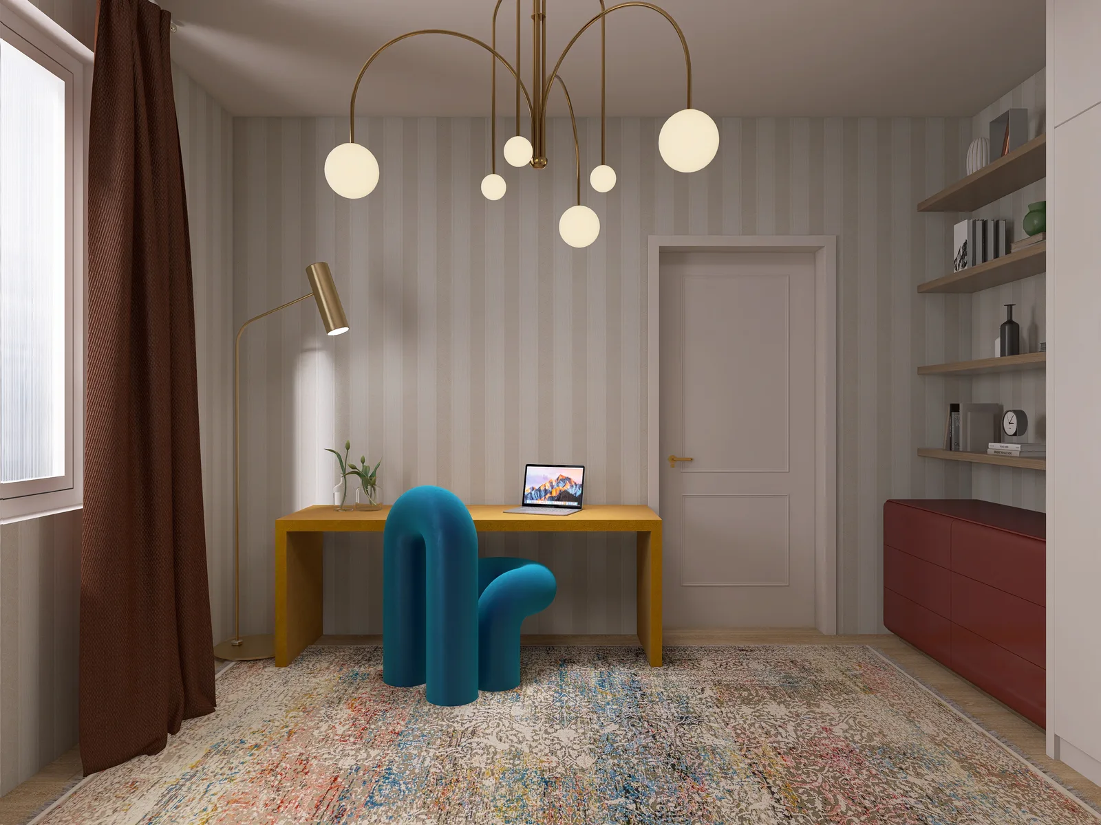 Mustard waterfall desk with brass lighting and striped wallpaper, Room of Wonders, Lisboa