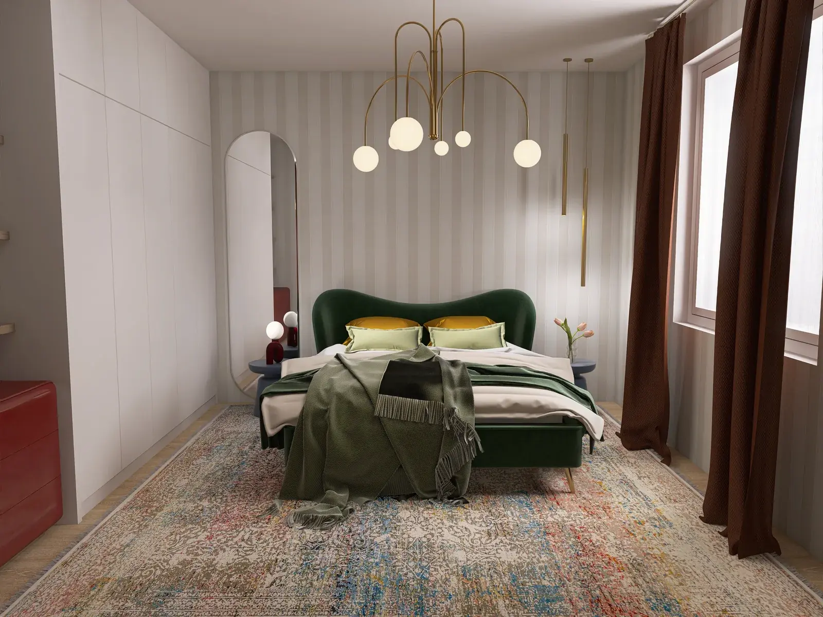 Room of Wonders, Schlafzimmer mit smaragdgrünem Samtbett, Messing-Kronleuchter, gestreifter Tapete und Vintage-Teppich, Lissabon
