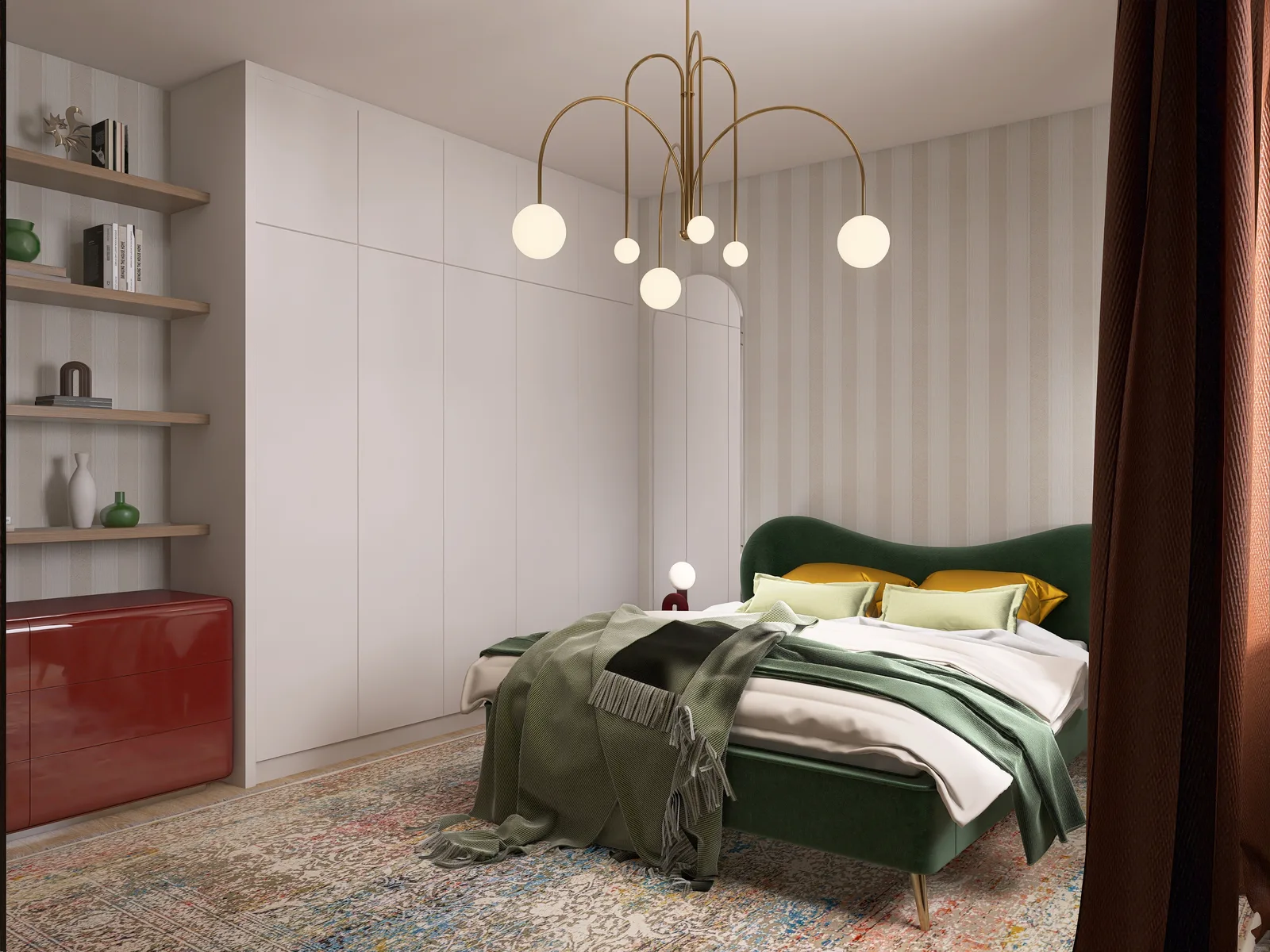 Bedroom with an emerald velvet bed, striped wallpaper and terracotta curtains, Room of Wonders, Lisboa