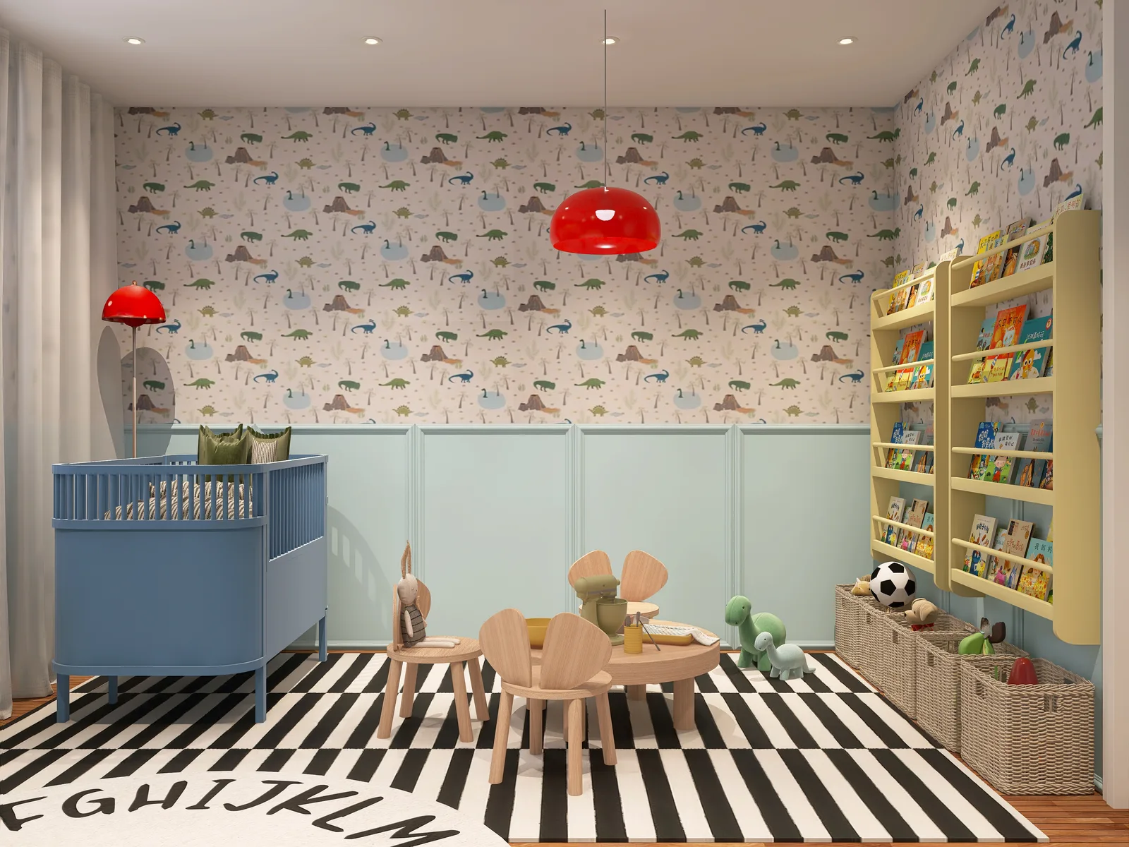 Children’s room with mint wainscot panelling, dinosaur wallpaper, wooden play table and low book racks, The JJ Project, Heinsberg