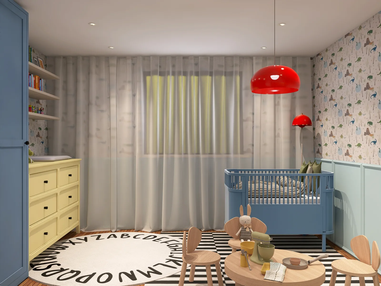 Children’s room with mint wainscot panelling, a powder-blue wardrobe, pale yellow changing dresser and a bright window with sheer curtains